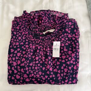 LOFT Navy Blouse with Hot Pink Heart Print